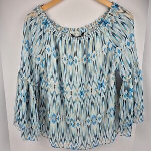 White House Black Market Off The Shoulder Bell Sleeve Blue Print Blouse Top‎ S